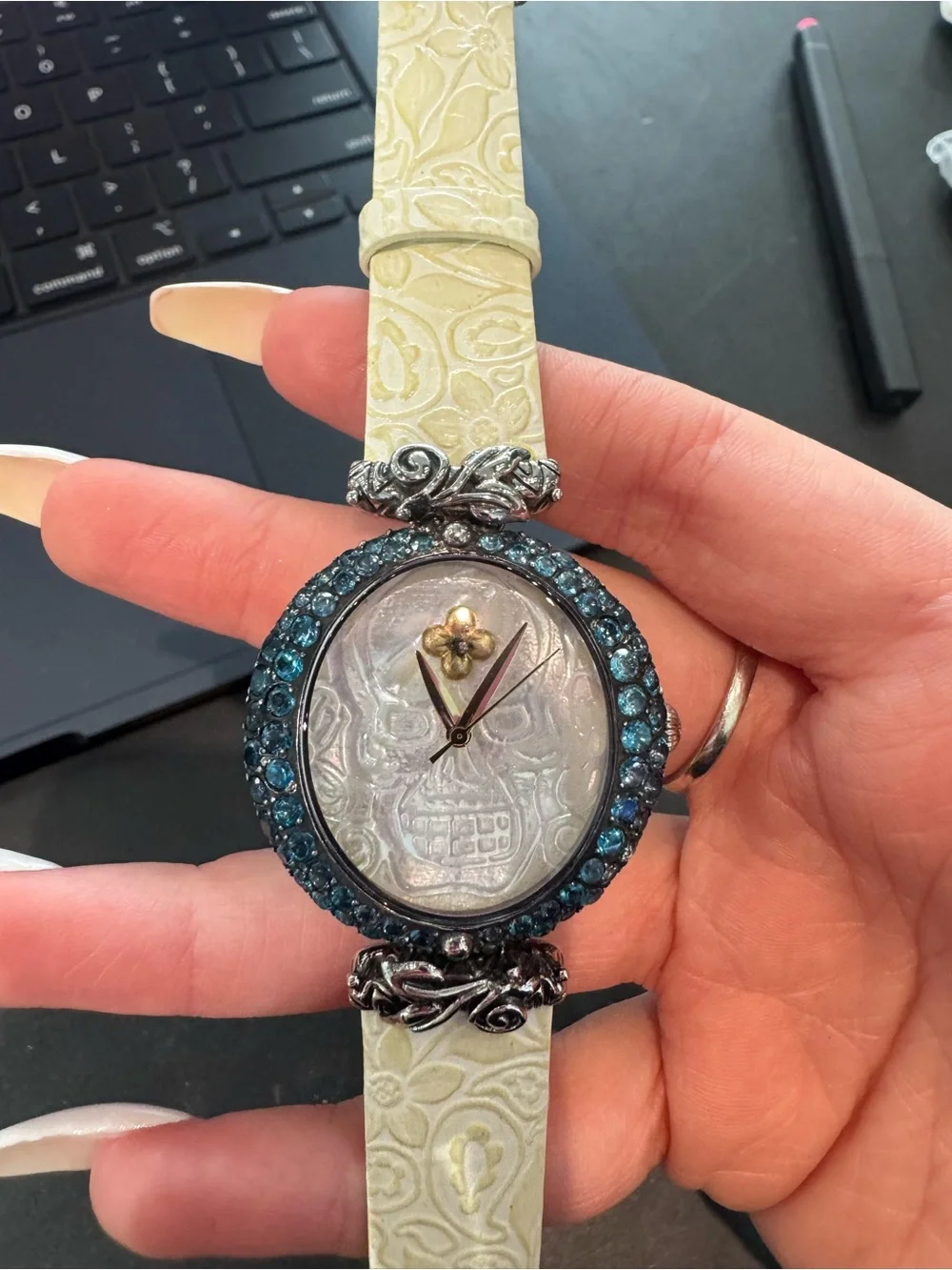 Barbara Bixby Stainless Steel Carved MOP tone Gemstone Skull Watch